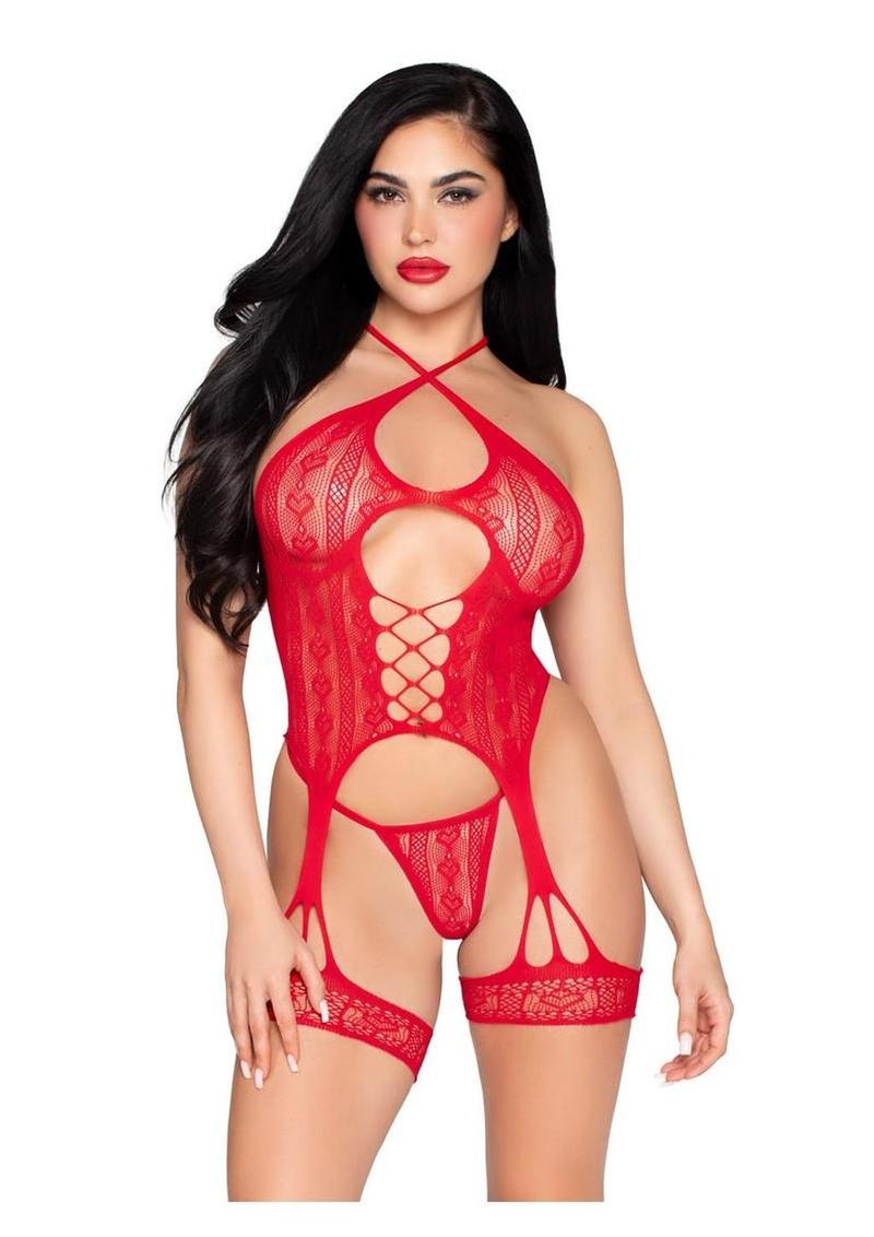 Heart Halter Cami Garter and G-String Panty (2 Piece) - Red - O/S