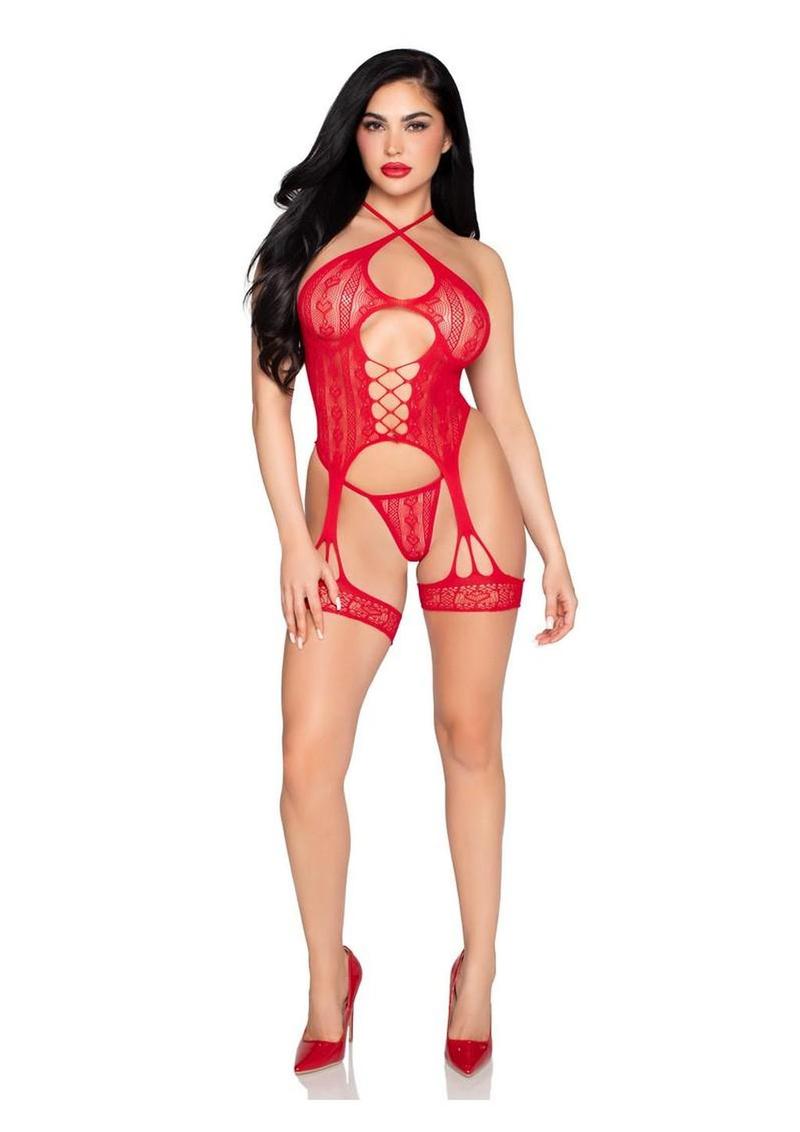 Heart Halter Cami Garter and G-String Panty (2 Piece) - Red - O/S