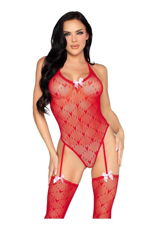Mini Heart Trimmed Heart Net Teddy with Attached Stockings - Red - O/S