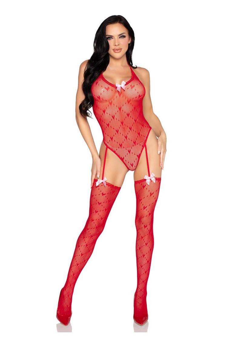Mini Heart Trimmed Heart Net Teddy with Attached Stockings - Red - O/S