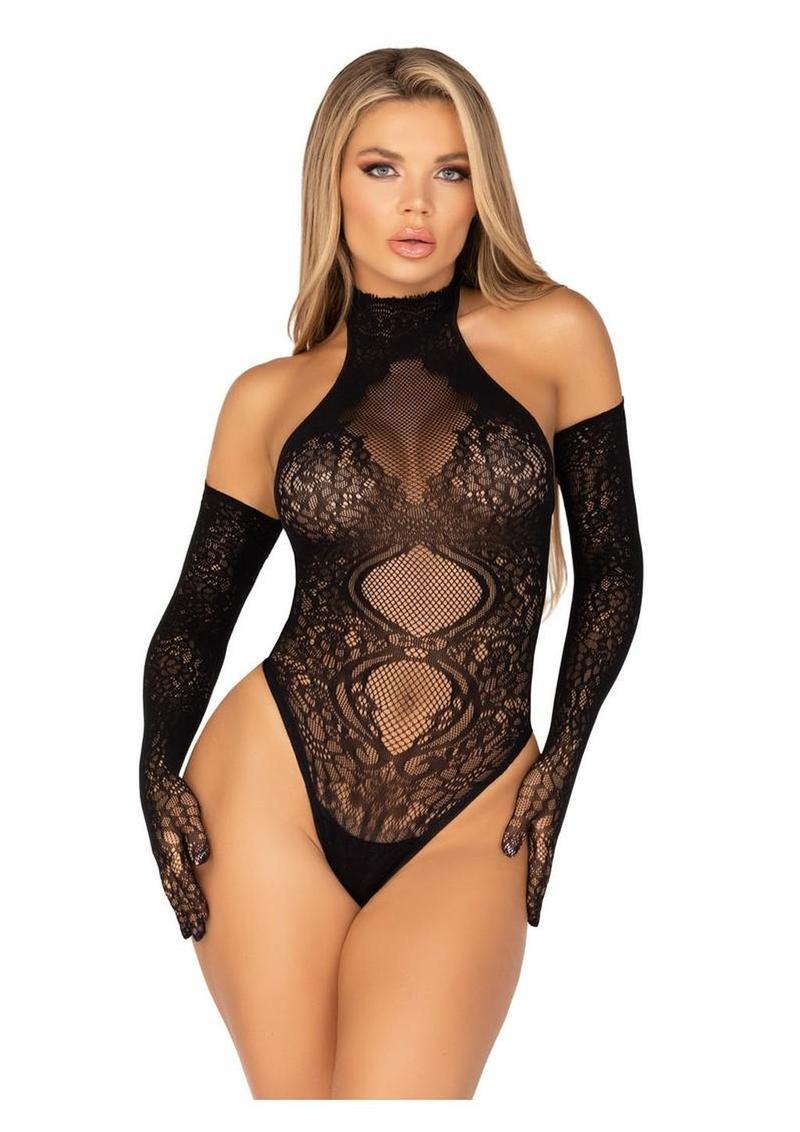 Lace Halter Teddy and Matching Long Lace Gloves (2 Piece) - Black - O/S