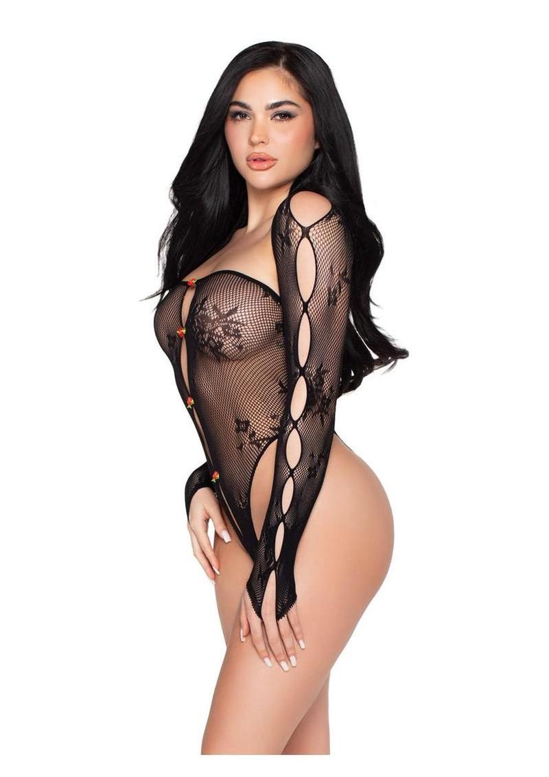Keyhole Net and Lace Crotchless Teddy with Rosette Accents and Matching Shrug (2 Piece) - Black - O/S