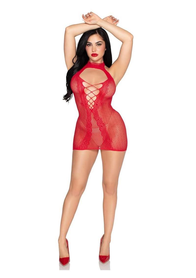 Dotted Net and Lace Halter Mini Dress with Faux Lace-Up Open Back - Red - O/S