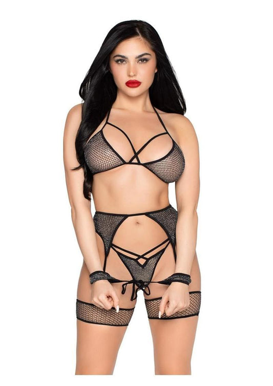 Shimmer Net Bra Top, G-String Panty, Garter Harness and Wrist Ties (4 Piece) - Black/Silver - O/S